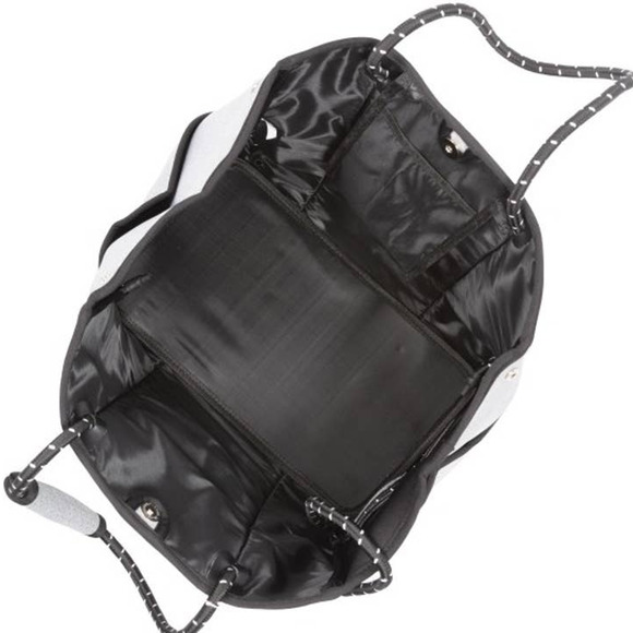 Brown Cow Print with Orange Stripes Neoprene Black Accents Tote Bag With Pouch - Picture 4 of 4